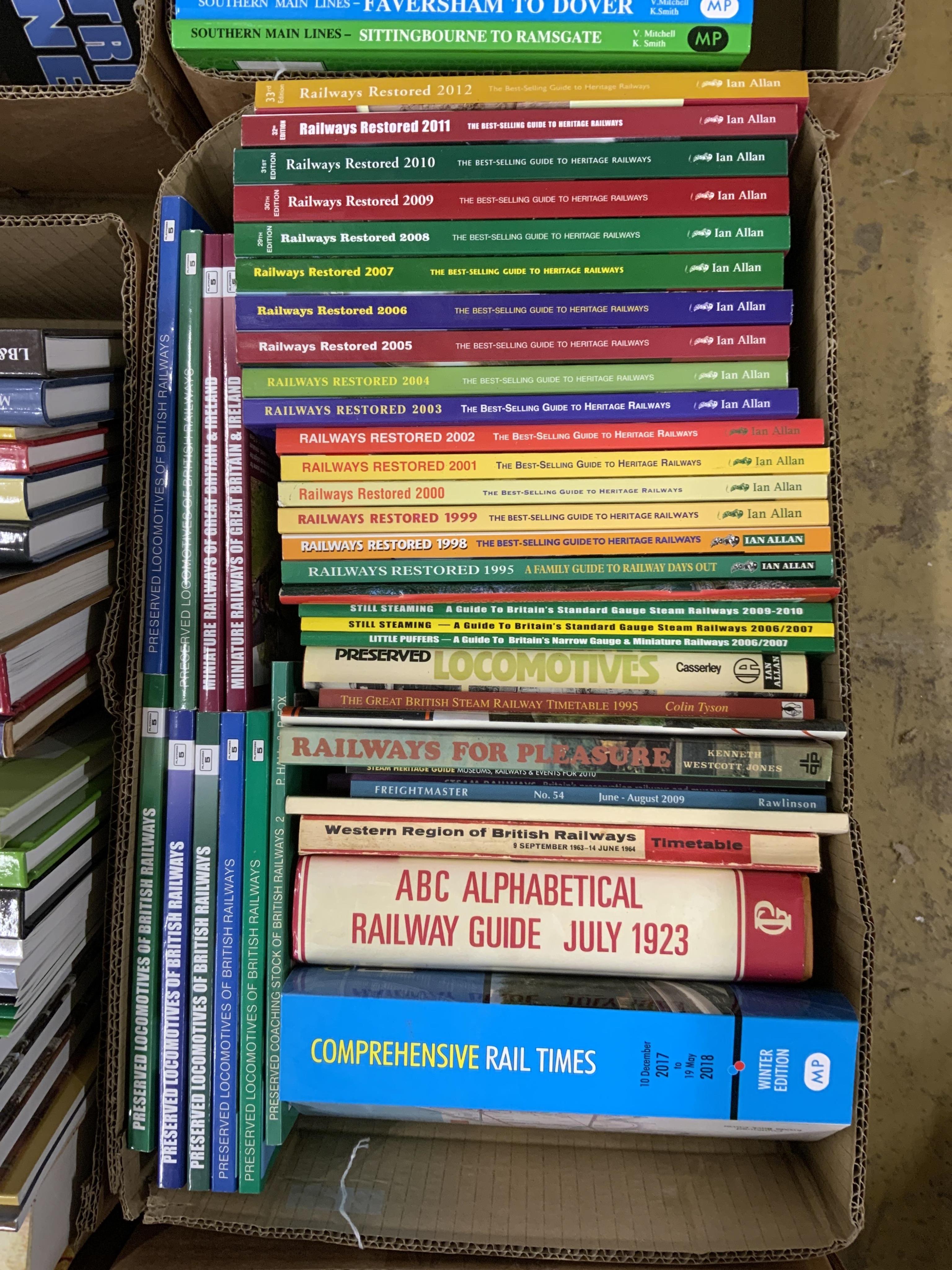 Eight boxes of railway related books, subjects include; locomotives of Australia, British railway journeys, preserved and miniature railways, Southern Railway, branch line railways, Great Western Railway locomotives, etc